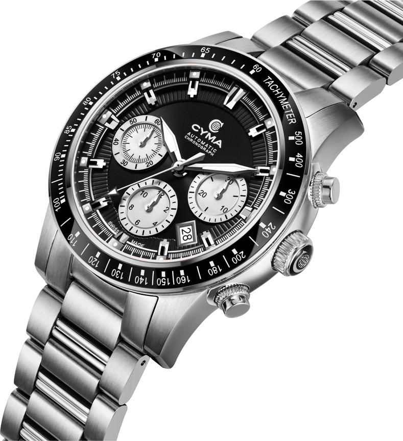 Cyma Grand Maestro Steel Cross Collection 42mm Black sunray dial base with silver white sub-dial Dial Silver Steel Bracelet