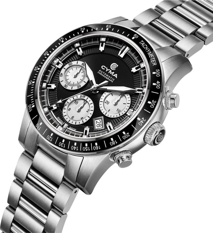 Cyma Grand Maestro Steel Cross Collection 42mm Black sunray dial base with silver white sub-dial Dial Silver Steel Bracelet