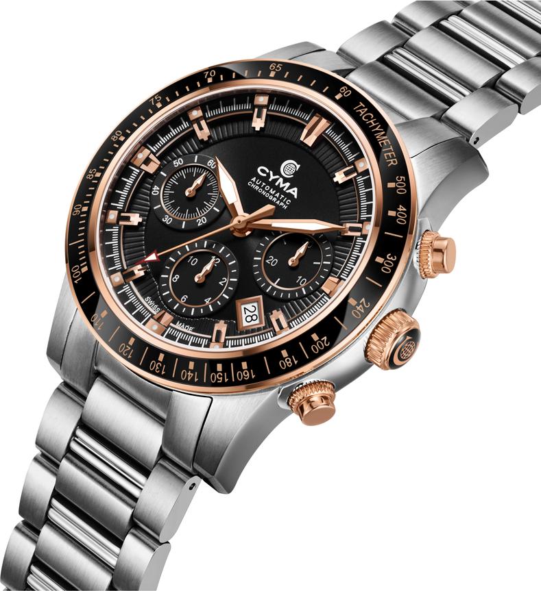 Cyma Grand Maestro Steel Cross Collection 42mm Black Sunray Dial Silver Steel Bracelet