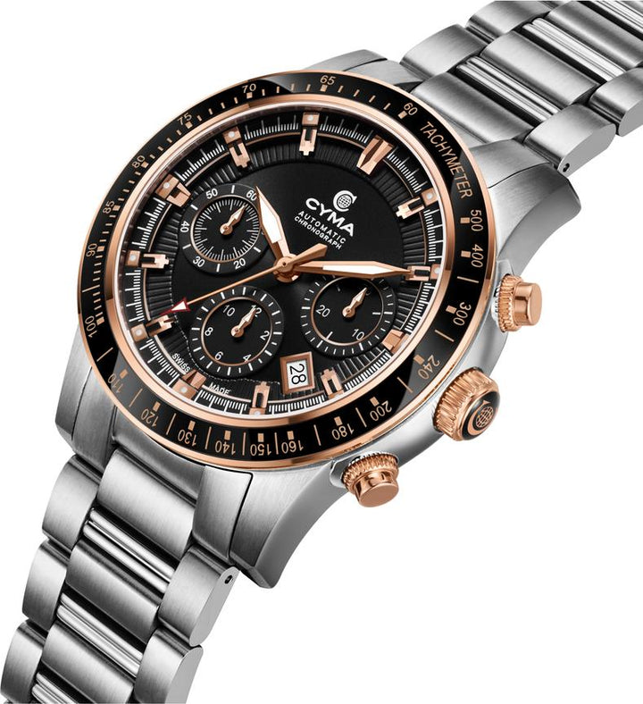 Cyma Grand Maestro Steel Cross Collection 42mm Black Sunray Dial Silver Steel Bracelet