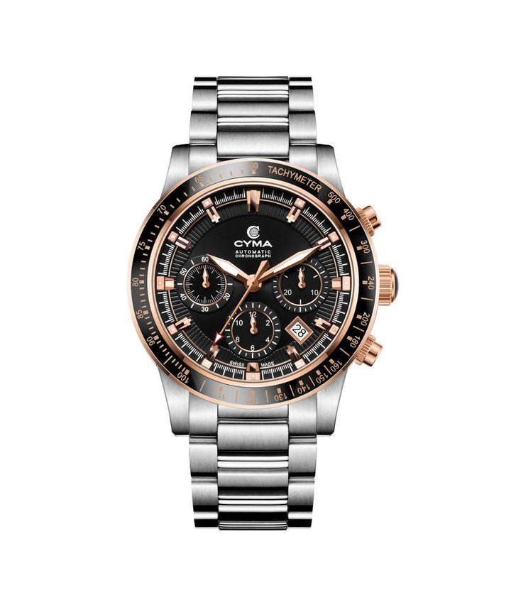 Cyma Grand Maestro Steel Cross Collection 42mm Black Sunray Dial Silver Steel Bracelet